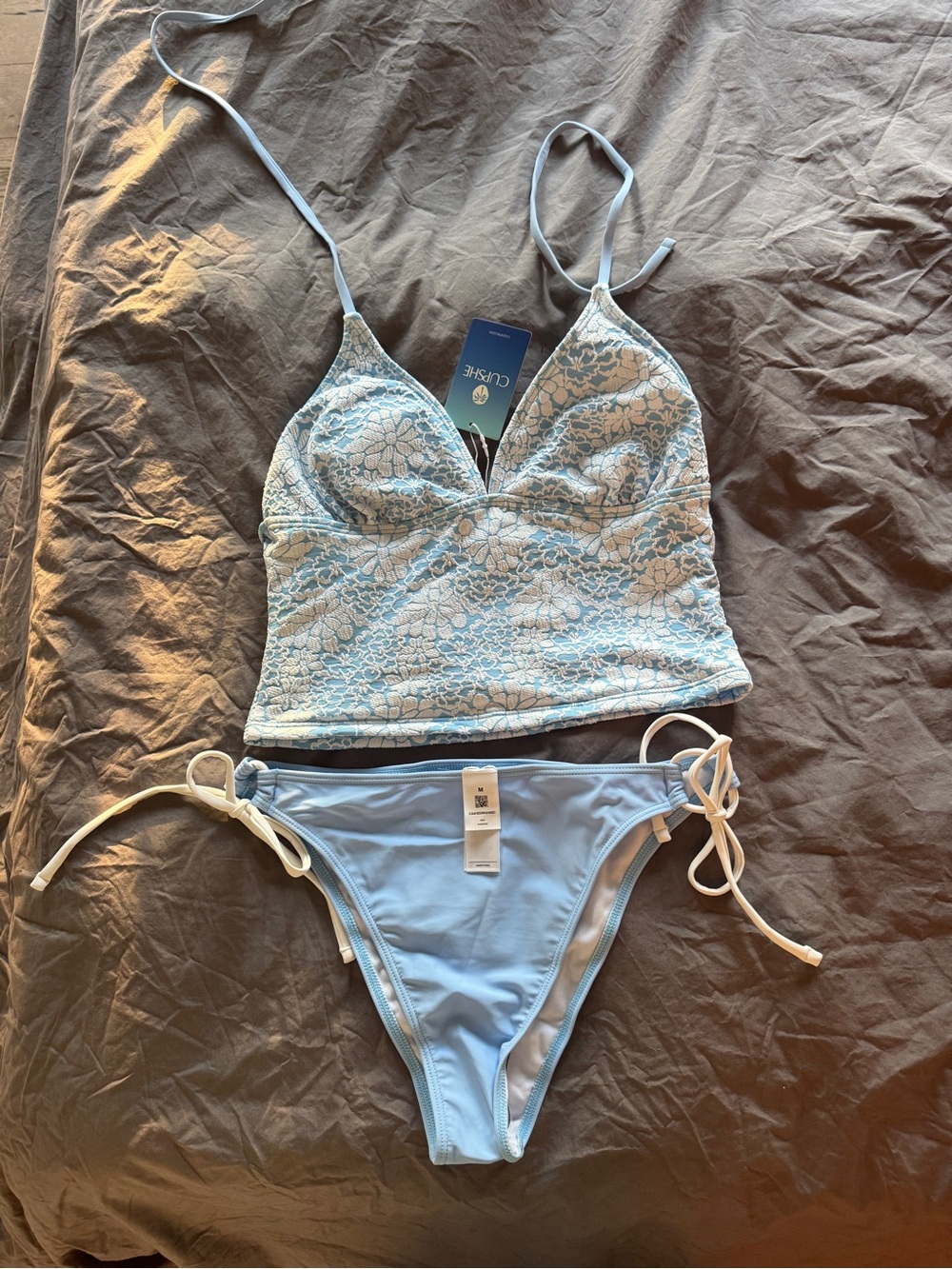 Cupshe Light Blue Lace-Overlay Camisole Bikini Set with White Ties